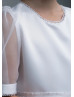 Beaded Short Sleeves White Organza Tea Length Flower Girl Dress